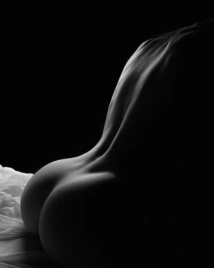 Silhouette féminine en noir et blanc, vue de dos, allongée sur un lit avec drap blanc.